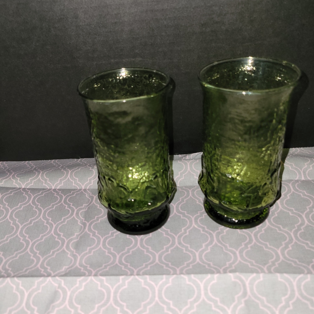 Anchor Hocking Green Rainflower Textured Glass Tumblers Mid- Century  Set Of 2